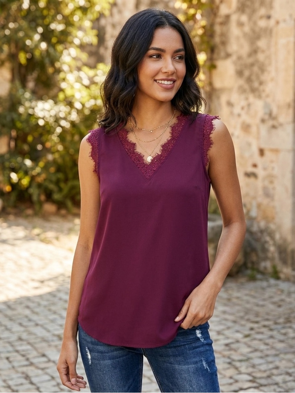 V-Neck Lace Trim Sleeveless Top